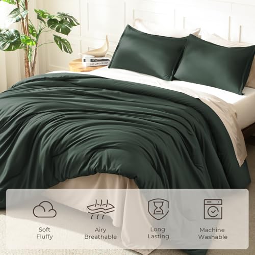 Image of Litanika Forest Green Comforter King Size, 3 Pieces Lightweight Solid Bedding Comforter Set, All Season Fluffy Bed Set (104x90In Comforter & 2 Pillowcases)