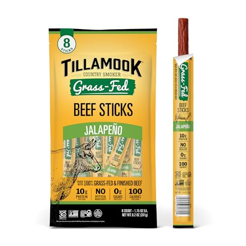 Tillamook Country Smoker 100% Grass Fed Beef Sticks, Zero Sugar, Jalapeno, 1.15 Ounce (Pack of 8) Whole 30, Non GMO Clean Meat Snacks, Low Carb, High Protein, Gluten Free, Individually Wrapped