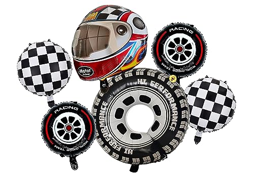 Image of Atpata Funky Helmet and Tyre shape Biker Theme Rider Foil Balloons (Set of 6pcs.) - Perfect for Racing theme Bike Lovers Birthday Decorations.