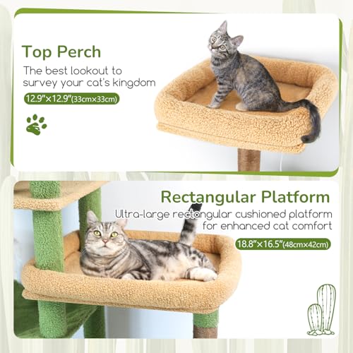 Image of Globlazer Extra Large Platform Cactus Cat Tree, 65in Sturdy Cat Tree for Multiple Indoor Cats Large Adult, Big Cat Tower with 3 Padded Perches, 6 Scratching Posts, Spacious Condo, Hammock, S65, Green