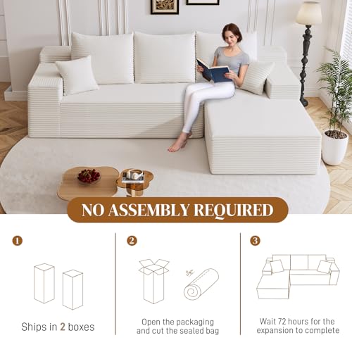 Image of 108 inch L Shaped Boneless Sectional Couches for Living Room, Comfy Corduroy Floor Cloud Sofa with Chaise, Wide Armrest, Deep Seat, Memory Foam, Assembly Free, Ideal for Small Spaces, White