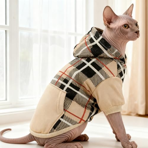 EXPAWLORER Plaid Cat Hoodie - British Style Warm Cat Sweater Shirt with Leash Hole,Pet Clothes Outfits,Winter Coat Apparel for Puppy Cats Girl Boy-Kitten Apparel,Beige M - Thumbnail 7