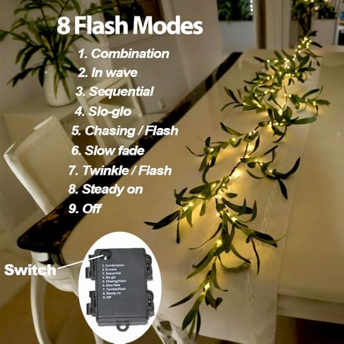 Image of 6.56FT Lighted Olive Garland with Lights 96 LED 8 Modes Battery Operated with Timer Artificial Greenery Vine Garland with Lights for Mantel Fireplace Table Wall Patio Wedding Holiday Spring Decoration
