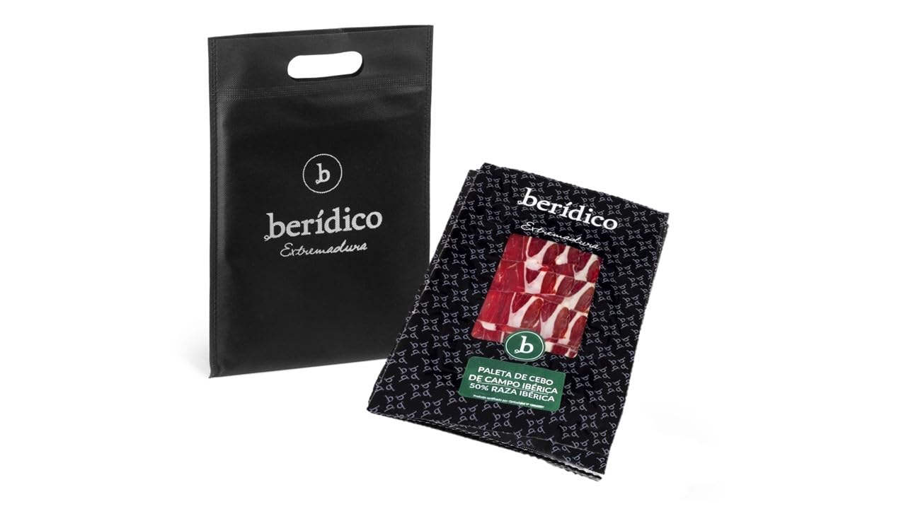 Paleta de Cebo de Campo 50% Raza Ibérica. Pack de 5 sobres de 100 gr loncheado tradicional. Extremadura. Paleta Ibérica. BERÍDICO