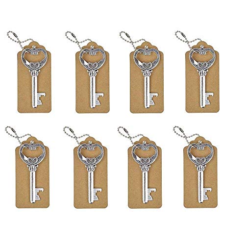 DerBlue 60 PCS Key Bottle Openers,Vintage Skeleton Key Bottle Opener,Skeleton Key Bottle Openers Wedding Favors Antique Rustic Decoration with Heart shaped kraft paper label card (Silver-3)