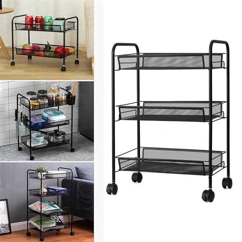 Image of Sulfar 3 Layer Multi Purpose Stainless Steel Rotating Kitchen Trolley Space-Saving Fruits Vegetables Storage Rack Organizer (Black)
