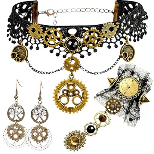SZJFYMQ Steampunk Accesorios Mujer, 3 Piezas Halloween Steampunk Disfraz Accesorios, Negro Pendientes de Engranajes Pulsera para Gothic Disfraz Halloween Cosplay | Ya disponible en tu tienda friki favorita! En mundofriki.es!