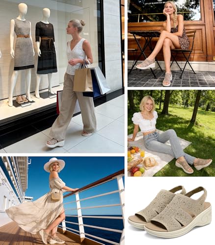 Image of Womens Wedge Sandals Platform Walking Sandals Open Toe Ankle Elastic Strap Casual Comfortable Summer Dressy