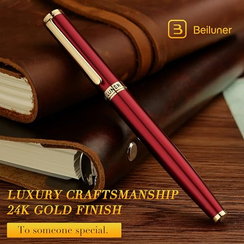 Image of BEILUNER Red Fountain Pen,Stunning Luxury Pens with 24K Gold Finish, Gorgeous 24K Gilded Nib(Fine), Trustworthy Pen Gift for Men&Women -Ink Converter-Elegant,Graduation,Office,Nice Pen for Writing