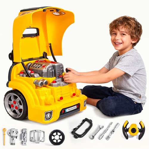 CL FUN Large Truck Engine Toy for Kids: Mechanic Repair Car Kit for Toddlers - Interactive Workshop Set Take Apart Motor Vehicle with Light and Sound for Boys Children 3+ Years Old