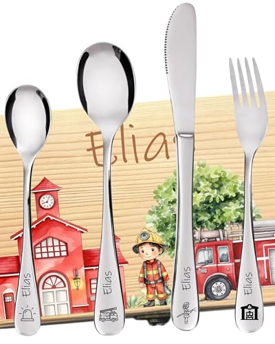 DEschenk personalisiertes Kinderbesteck mit Namensgravur | Besteck Kinder mit Gravur | Kindergeschirr personalisiert | Weihnachtsgeschenke für Babys | Taufgeschenk (Feuerwehr Set)