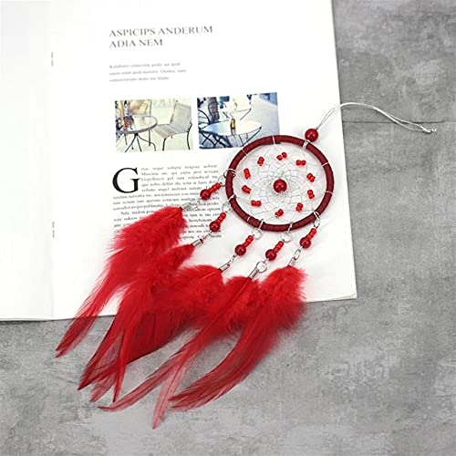 Atrapasueños plumas rojas artesanía hecha a mano decoración colgante retro hogar 3