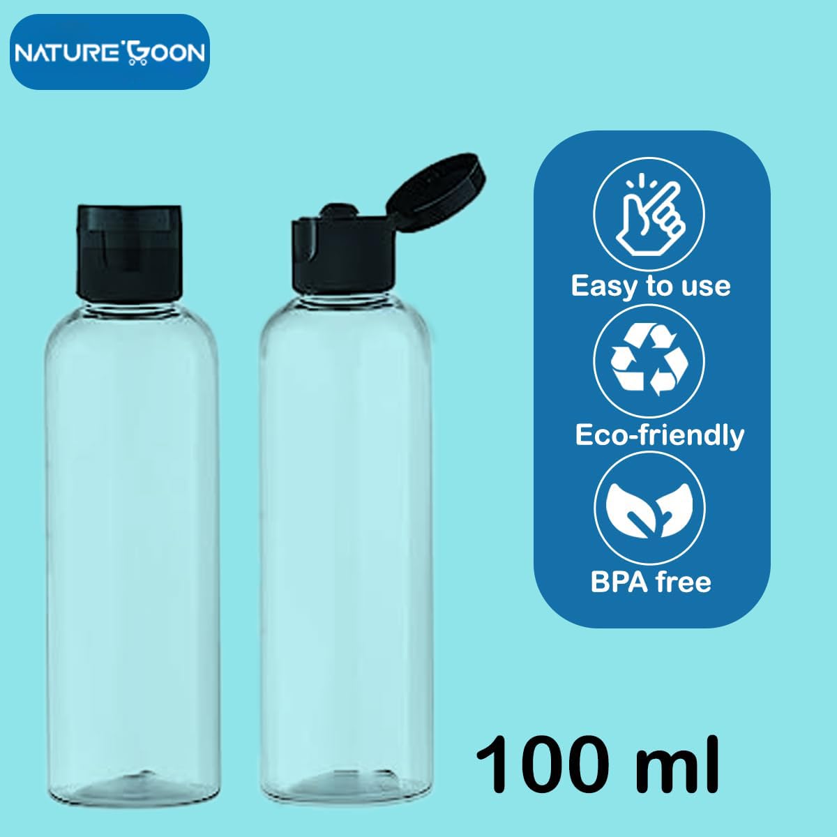 Naturegoon Round Refillable Empty Transparent Plastic Bottles 100 ml(Pack of 10) | Black Fine Mist Flip Cap Bottle | Ideal for Sanitizer, Storing Cleaning Liquid & Travelling. (Pack of 10) 1