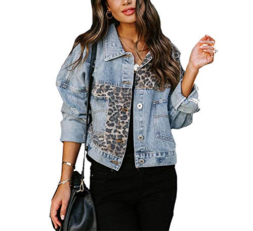 Qinni-shop Women Leopard Print Long Sleeve Fashion Denim Jacket (Blue, L)