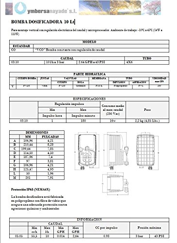 Bomba Dosificador Líquido (Cloro/PH + -) Volumétrica. 10 l/h a 3 bar