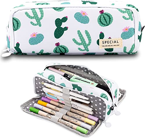 MAMUNU Pencil Case Large Pencil Cases for Girls Boys Big Capacity Pencil Pouch with 3 Compartments School Stationary Office Storage Makeup Bag for Teenage Adults Women Men (Cactus Pattern)