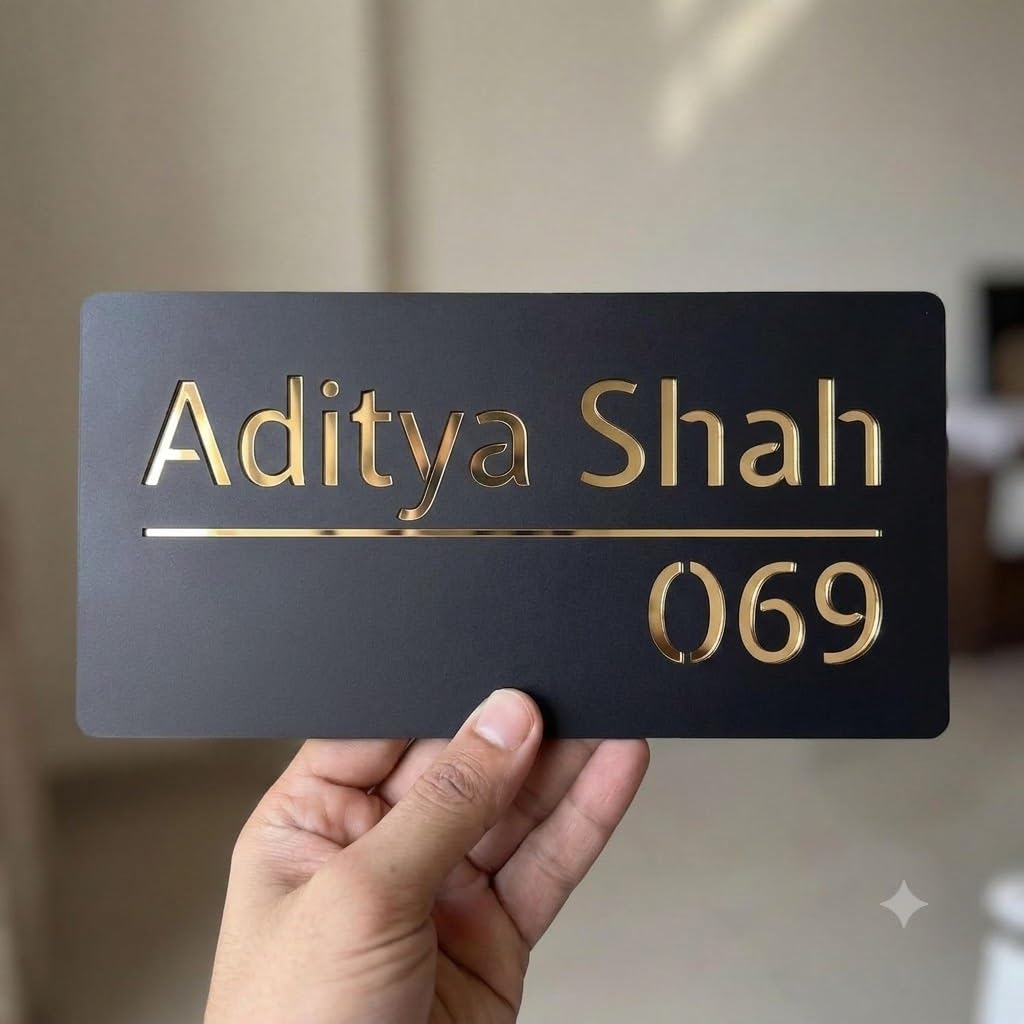 Name Plate Home Entrance Outdoor Customised Acrylic House Name Plate | Personalized Door Name Plate with Gold Mirror Letters | Modern Name Board for Home, Flat, Apartment & Office (Gold, 20x10 cm)-image-3