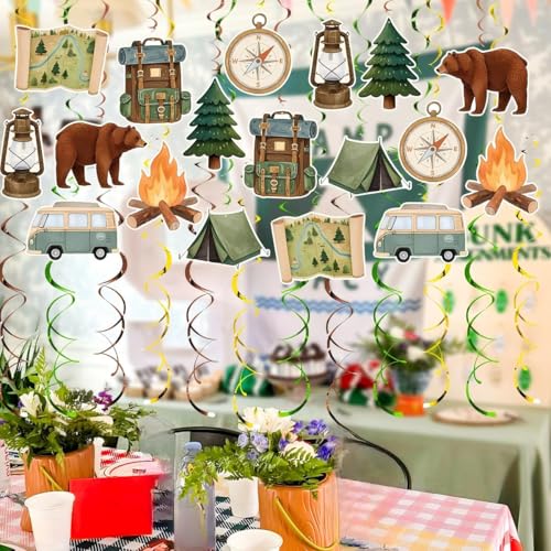 Image of Campining Hanging Swirl Set Party Decorations, 48 Pcs , Bear,Compass, Oil Lamps, Campfire,Tents, Bag, Tree Party Supplies Sign, Green Brown Orange