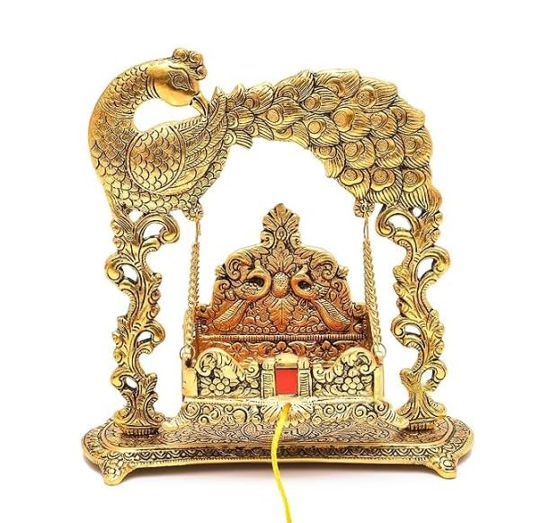 Craft villa Krishna Jhula with Marbel Krishna,Metal Swing Peacock Design for laddu Gopal,Laddu Gopal with Jhula,Brass,Krishna Jhula with Idol, Laddu Gopal Jhula for Home
