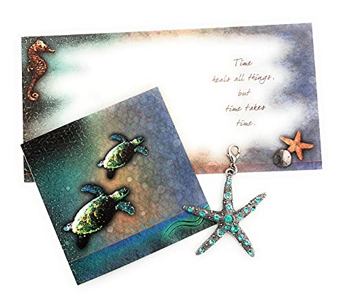 Smiling Wisdom- Aqua Starfish Charm Sympathy Gift Set - Grief Sea Turtle Time Takes Time Healing Greeting Card Set - Bereavement, Memorial, Illness, Get Well, Condolence - Black And Blue #TOP4