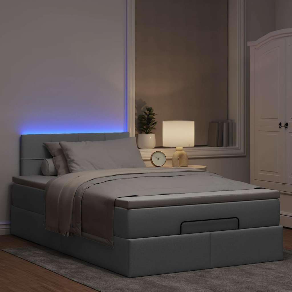Pouf letto con materasso in tessuto grigio chiaro 120x200 cm con contenitore e LED regolabili per spazio soggiorno camera ospite