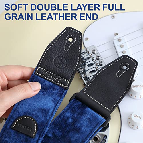 Yikoko Guitar Strap, 2" Velvet Full Grain Leather End Guitar Straps For Bass, Electric And Acoustic Guitars, Complimentary Strap Button, 1 Pair Of Strap Locks And 4 Guitar Plectrums - Dark Navy Blue #TOP1