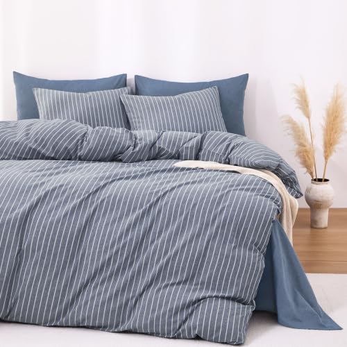 Image of Wake In Cloud - Striped Cotton Duvet Cover Set, Ticking Stripe Vertical Pinstripe Farmhouse, 100% Washed Cotton Textured Bedding Set, 3 Pieces, Denim Blue, Full Size