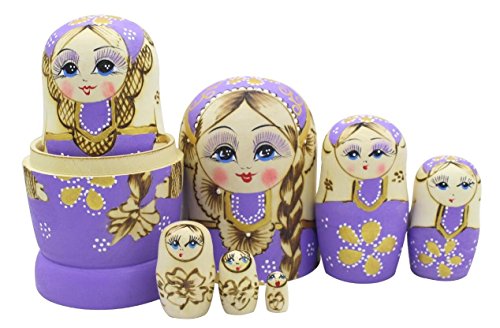 Set von 7 Zopf Mädchen Stapeln Spielzeug Russischen Puppe Handgefertigt Spielzeug aus Holz für Kinder Kinderzimmer Decor (Lila)