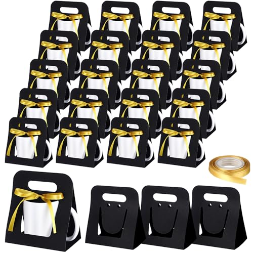Motipuns 24 Pack Mug Boxes for Gifts 11 oz Coffee Mug Gift Boxes with 1 Roll Ribbon Sublimation Cups Packaging Bags for Sublimation Coffee Cups Blanks Wrapping(Black)