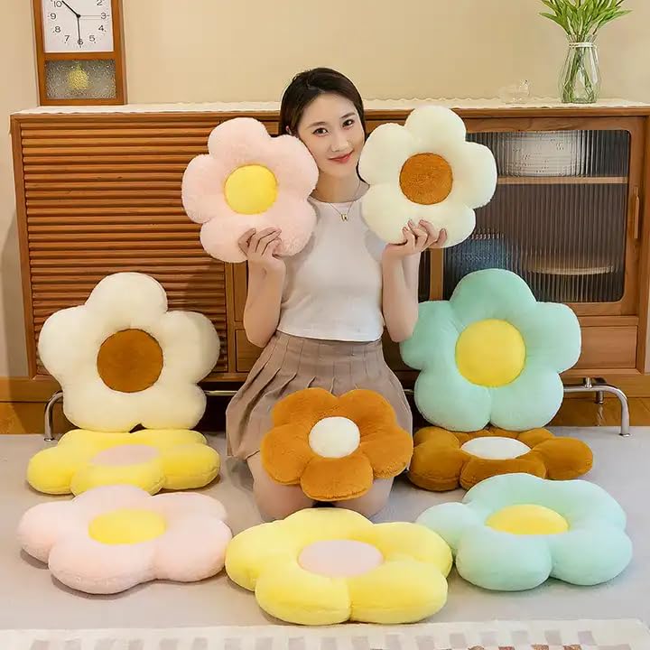Image of RVA Flower Shaped Cushion Sunflower Pillow Cushion Velvet Throw Pillow for Office Sofa Back Cushion Soft Cushions for Bed,Sofa,Kids Room Decorative (Set of 2) (Size 35 Cm) (Cream)
