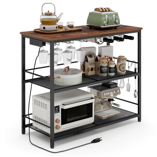 Image of MAHANCRIS 35.4" Kitchen Island, Kitchen Storage Rack with Power Outlet, Microwave Stand with Wine Rack, 3 Tier Coffee Bar Station for Dining Room, Rustic Brown and Black KIHR91E01