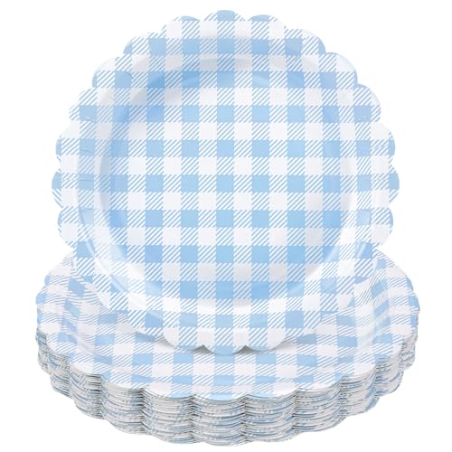 NatNarr 30 Pcs Blue Gingham Plates 9 Inch Scalloped Blue Gingham Party Supplies Plaid Dessert Dinner Plates for Boy Baby Shower Wedding Birthday