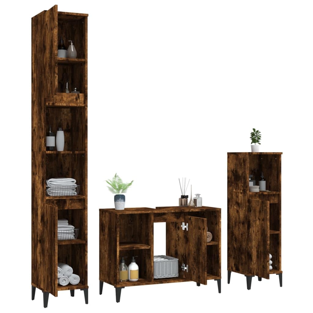 3-TLG. Badmöbel-Set Räuchereiche Badschrank Metallfüße, Badezimmer Unterschrank Hochschrank Midischrank, Badezimmermöbel Holzwerkstoff