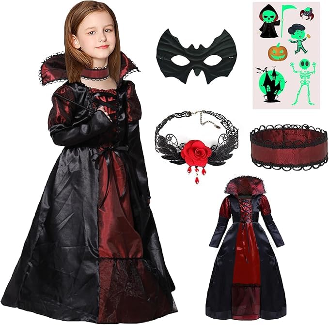 ATOWORLD Halloween Vampire Costume Kids Girls 5-6 6-7 Years with Mask Vampire Outfit Fancy Dress Kid Girls Black Vampire Dress Up Girl Gothic Royal Vampire Queen Princess Costume Kids (M)