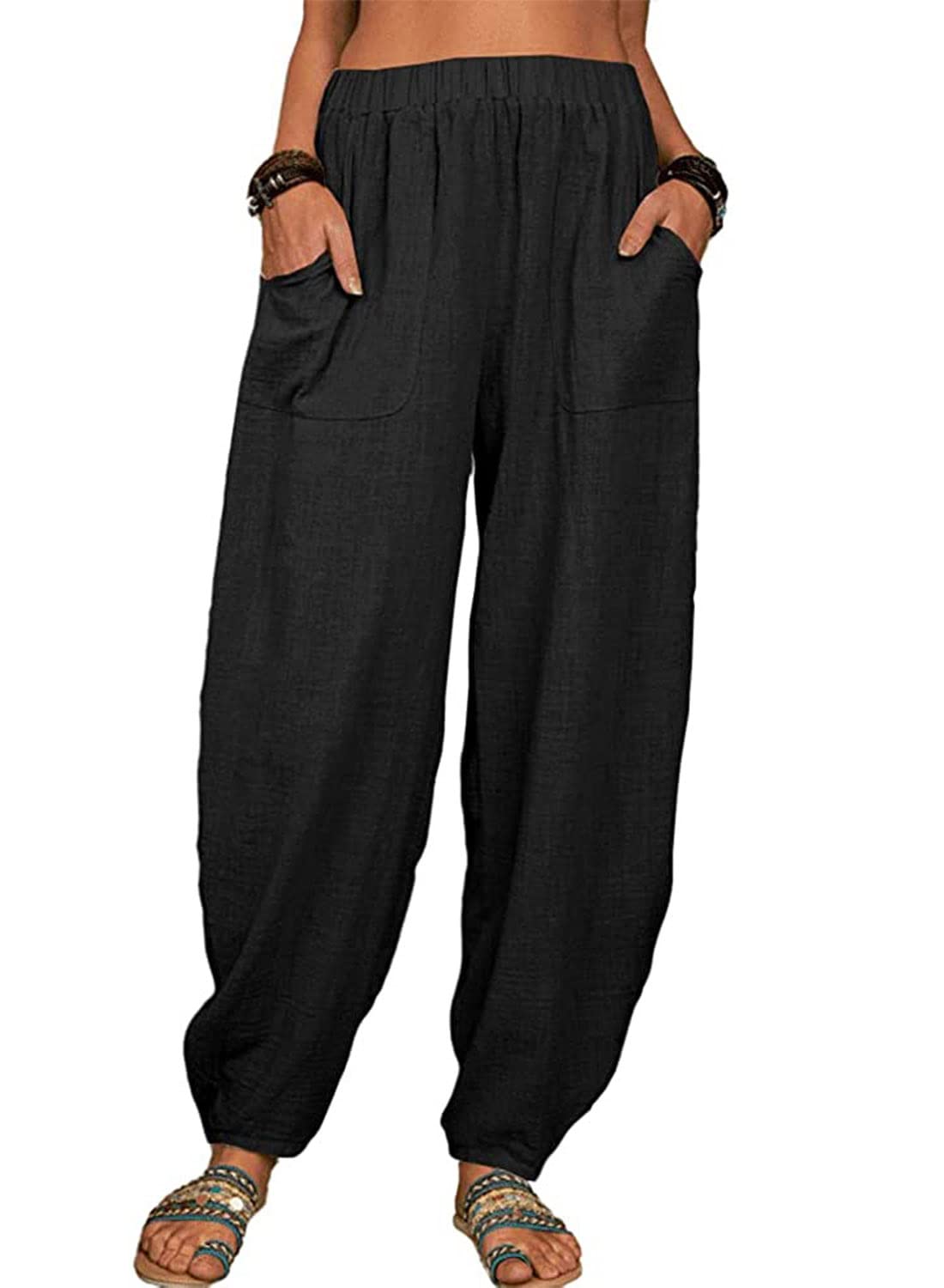 utcoco Womens Cotton Linen Harem Pants Casual Loose Fit High Waisted Pants Trousers with Pockets