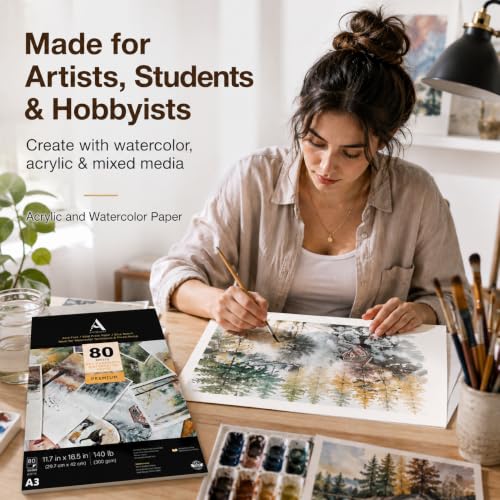 Image of ArtRight Artists' Acrylic Paper (A3 Pack of 80 Sheets, 300 GSM); 300 GSM Handmade Sheets for Gouache & Mixed Media Paintings