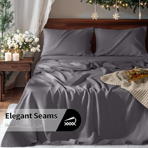 Image of 100% Linen Sheet Set Breathable Natural Linen Sheets 4pcs King Size, Fit Up to 16 inch Mattress