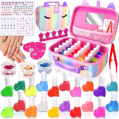 Lubibi Unicornio Juego de Esmalte de uñas para Niñas, Set de Esmalte de Uña Infantil, Juguete de Maquillaje Cosméticos Lavables, Kit de Manicura ,Regalo de cumpleaños Princesa Niñas con Maleta