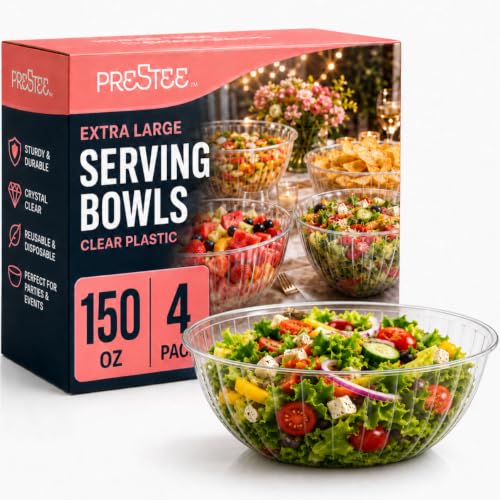 Prestee 4 Pack Clear Plastic Serving Bowls 150 Oz - Large Round Punch Bowl and Plastic Bowls for Parties Salads Chips and Catering - Durable Disposable Serving Bowl for Events and Buffets