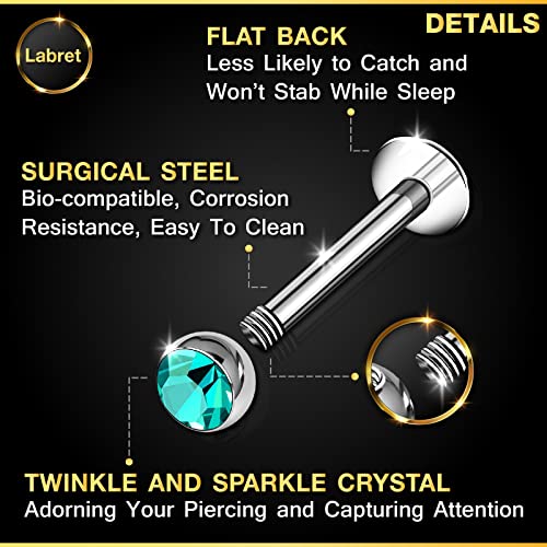 Banavega 2Pcs Surgical Steel Labret 16 Gauge 5/16 8Mm 3Mm Blue Zircon Crystal Lobe Earrings Monroe Piercing Jewelry 0850 #TOP2