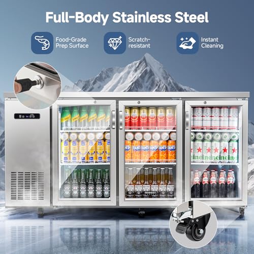 Image of BODEGACOOLER Commercial Back Bar Refrigerator with 3 Glass Door, 20.5 Cu.Ft Beverage Cooler for Beer, Soda, Wine with LED Display & SUS 304 Stainless Steel Exterior