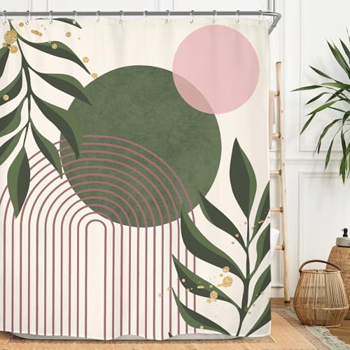 Miyotaa Abstract Minimalist Sage Green Pink Shower Curtain Set 60Wx71H Inches Aesthetic Modern Geometric Neutral Contemporary Plant Leaves Polyester Waterproof Bathroom Curtain with 12 Hooks