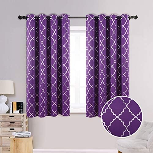Anjee Purple Blackout Curtains 63 inches Length 2 Panels Sets for Girls Bedoom Living Room Darkening with Silver Foil Moroccan Pattern,Grommet Top Window Treatment Drapes, 52 x 63 Inch, Dark Purple
