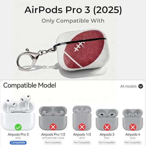 Image of Rugby Ball Case Compatible with AirPods Pro 3 (2025), Sports-Inspired Protective Cover with Keychain, Fun Football Style Accessories for Sports Fans, Supports Wireless Charging