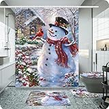 powond Big Snowman Shower Curtain Sets for Bathroom with Non-Slip Rugs, Toilet Lid Cover, Bath Mat and Snowman Shower Curtains with 12 Hooks, 4Pcs Bathroom Decor Set with Rugs and Accessories