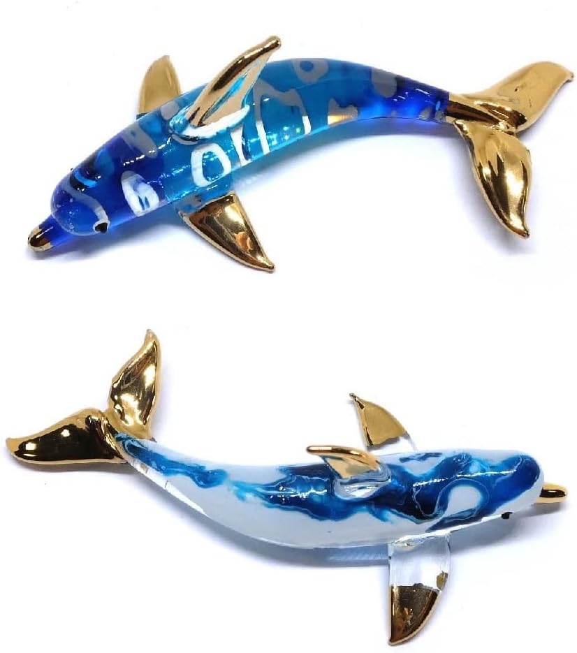(Bundle of 2) Handmade Mini 3 inches Blue Dolphin Blown Glass Art Ocean Sea Animal Figurines Art, Cool Stuff, Sea Animals, Home or Garden Decor Gift Ideas (Ocean Wave and Current)