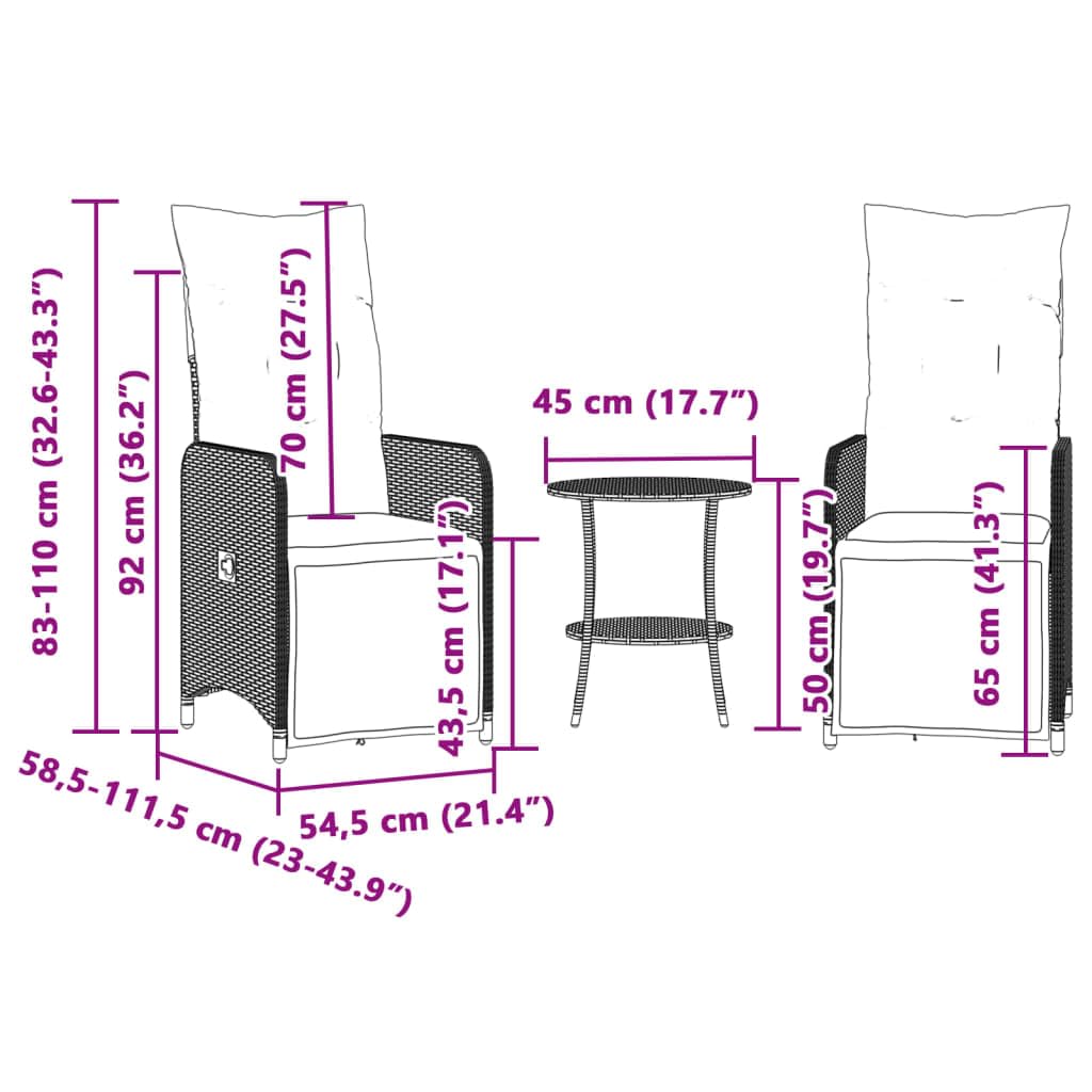 vidaXL Sedie da Giardino Reclinabili 2 pz con Tavolo in Polyrattan, Sedia reclinabile da Giardino, Poltrona da Giardino, Poltrona reclinabile