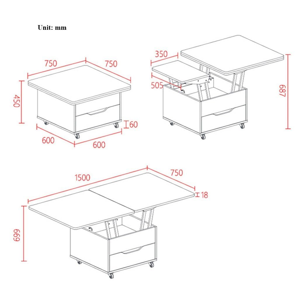 FAXIOAWA Table Basse Extensible 3 en 1, Table Centrale relevable multifonctionnelle, Roues en Acier pivotantes à 360°, Table de Salle à Manger Pliante Peu encombrante pour Le Salon