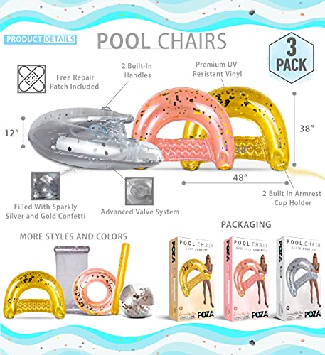 Image of POZA Inflatable Pool Float Chair - Luxurious Lounger Filled with Sparkle Confetti, 2 Built in Cup Holders & Handles, Water Floating Chair for Beach, Lake & Swimming Pool - 48 x 38 Inch
