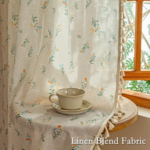 Image of MYSKY HOME Boho Floral Linen Curtains 96 Inches Long Vintage Farmhouse Bohemian Spring Patterned Semi Sheer Window Treatments with Tassel Back Tab Living Room Bedroom, Blue and Orange, W50, 2 Panels